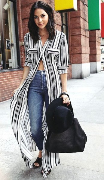 Black and white vertical striped maxi shift dress with high-rise skinny jeans