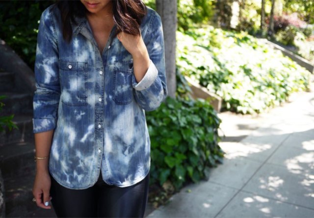 Black and white washed denim shirt with buttons and leather leggings