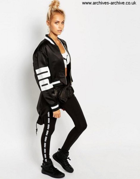Black and white windbreaker jacket with crop top and running tights