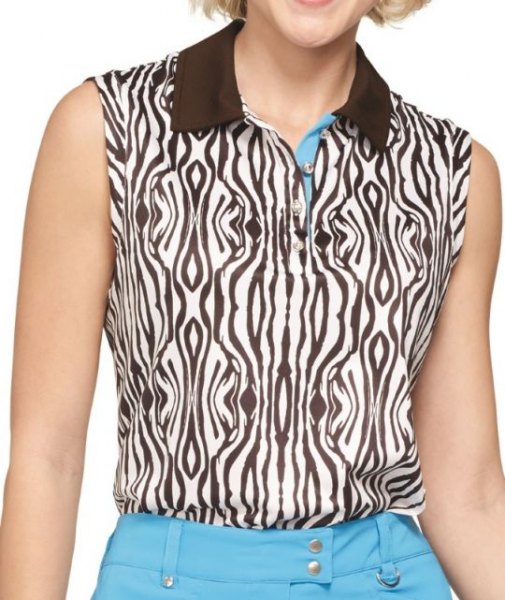Black and white zebra print sleeveless polo shirt and sky blue jeans