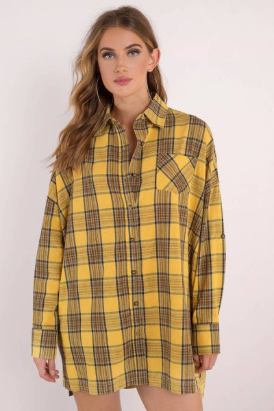 Black and yellow checked shirt dress with buttons and mini shorts