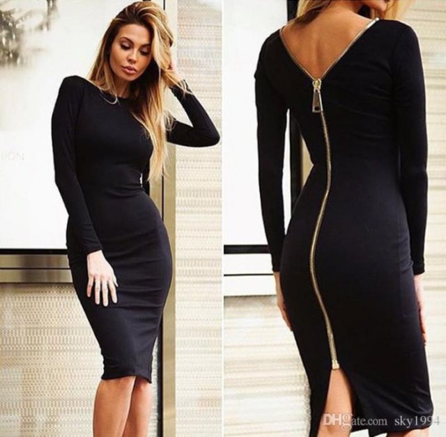 Black bodycon midi dress with long sleeves and back zip closure