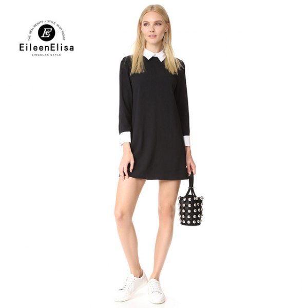 Black mini shift dress with back zip closure and white button down shirt