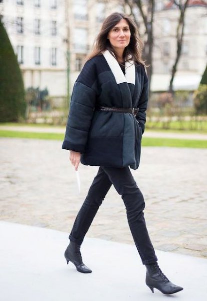 Black belted coat with short leather kitten heel boots