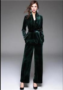 Belted black velvet blazer and wide leg trousers