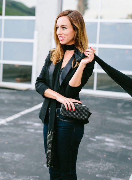 black blazer with coated jeans and slim scarf
