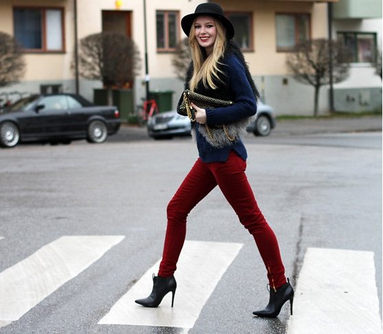 black blazer with felt hat and burgundy trousers