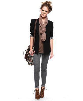 black blazer with gray t-shirt and knitted scarf