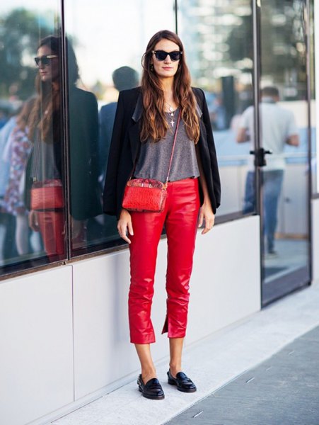 black blazer with gray t-shirt and red leather shorts