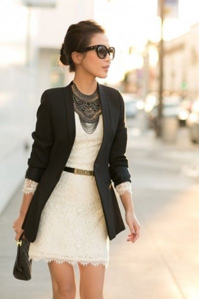 Black blazer with belted lace mini dress