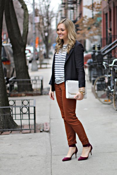 black blazer with striped t-shirt and green chino jogging pants