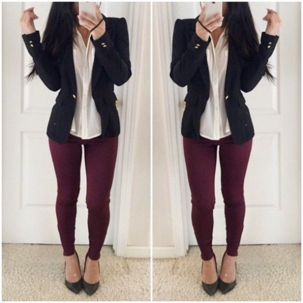 Black blazer with white button down shirt and burgundy
leggings
