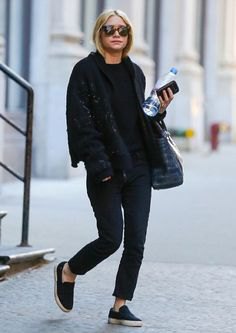 Black bomber jacket with slim fit jeans and canvas slip on shoes