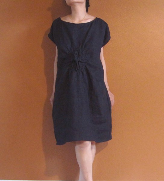 Black linen tunic with cap sleeves and gathered waist