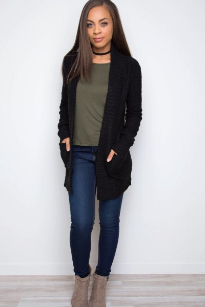 black cardigan sweater with collar and gray t-shirt