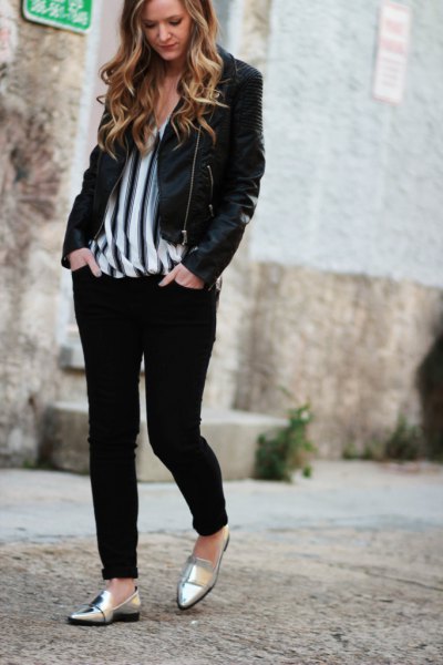 Black casual blazer with a vertically striped chiffon blouse and metallic slippers