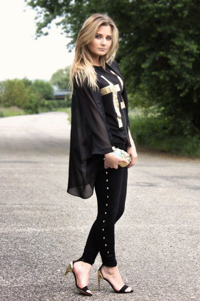 black chiffon jacket with skinny jeans and open shoes