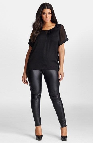 Black chiffon scoop neck t-shirt and leather leggings