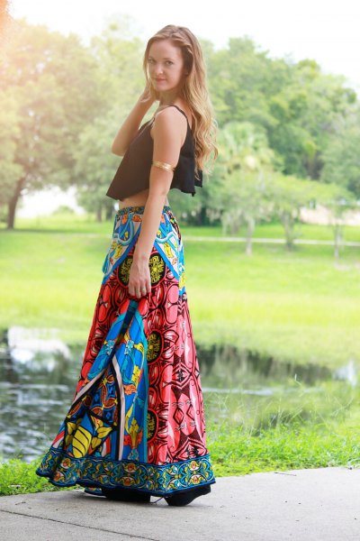 black, short tank top with blue printed gypsy skirt