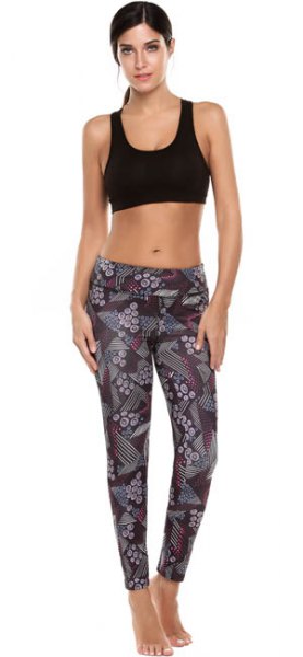 Black cropped tank top paired with gray printed athletic leggings