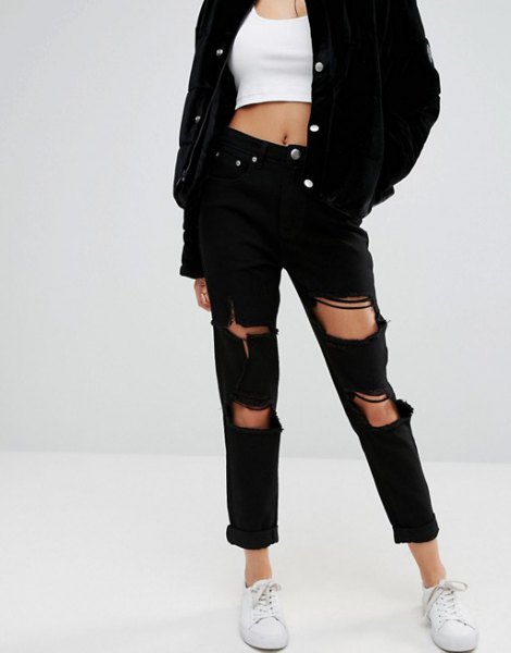 Black oversized denim jacket with white cropped tank top