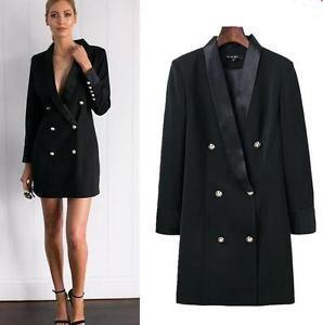 Black double breasted suit jacket dress with ankle straps and open toe heels