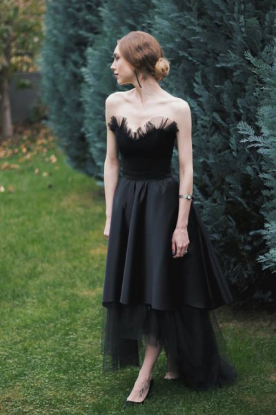 Black Strapless Faux Feather Flared High Low Party Dress