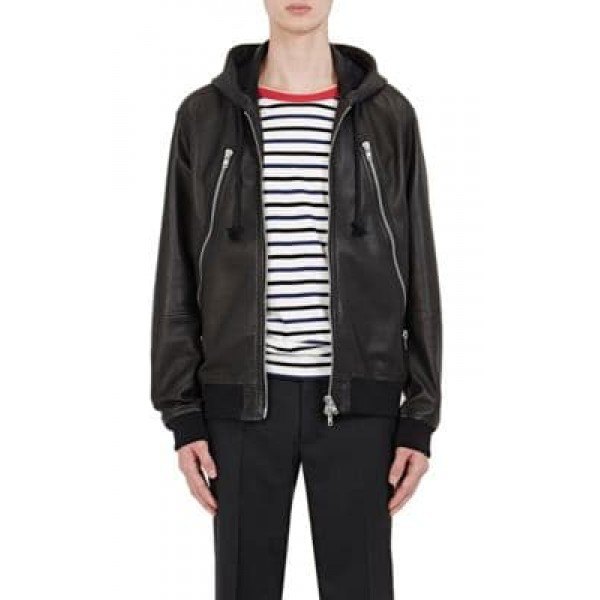 Black casual leather jacket with faux fur hood and striped t-shirt