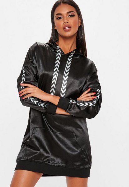 Black faux leather jacket dress with hood