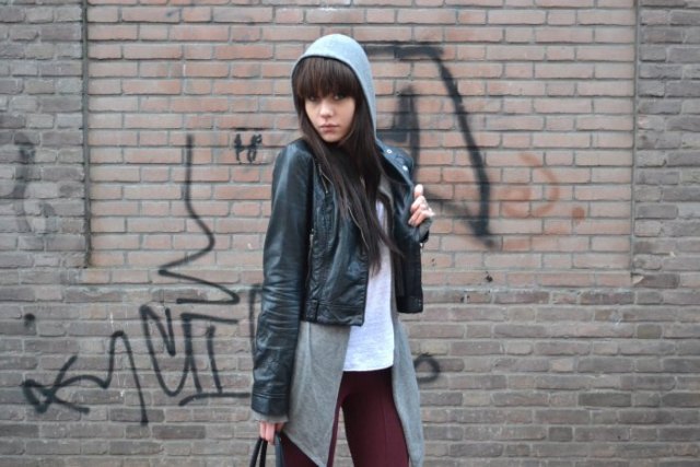 Black faux leather cropped jacket with a long, zip-up hood