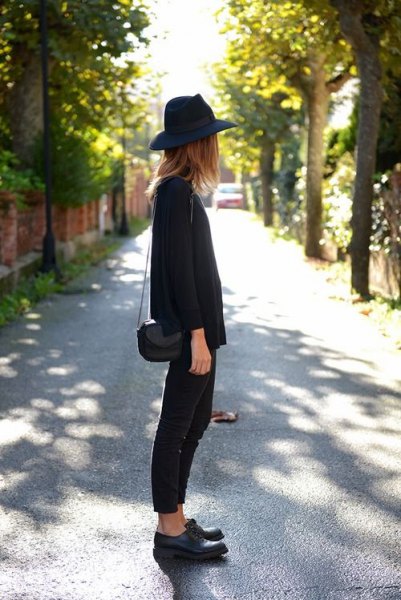 black felt hat with sweater and leather derby shoes