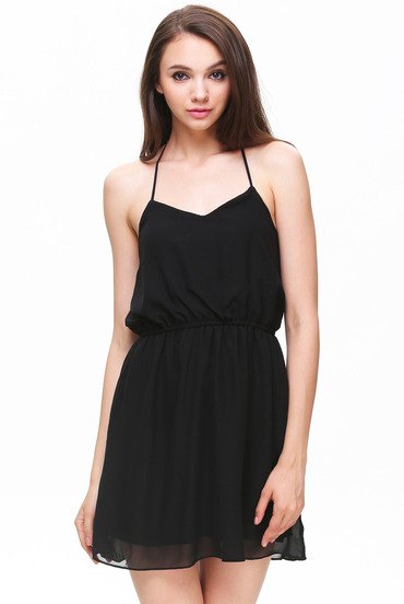 Black slim fitting mini chiffon halterneck dress with spaghetti
straps