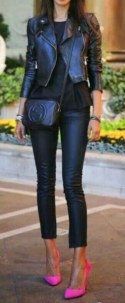Black, waisted and short motorcycle jacket with shortened leather pants