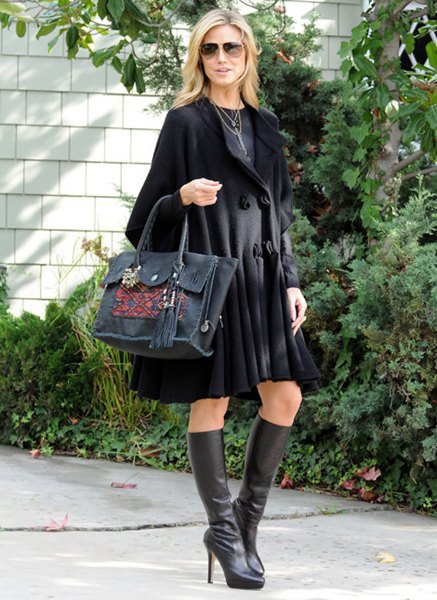 Black flared knee length wool coat dress with leather boots