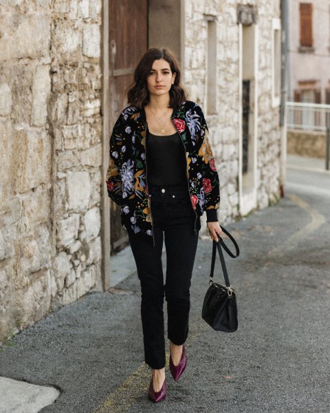 Black velvet bomber jacket with floral embroidery and scoop neck tank top