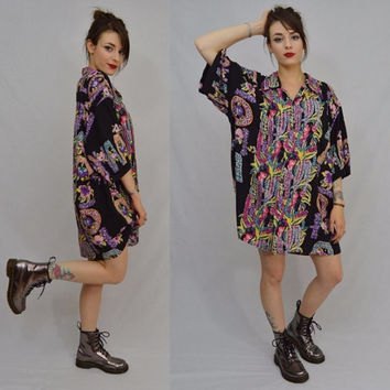 Black floral Aloha shirt dress and ankle boots