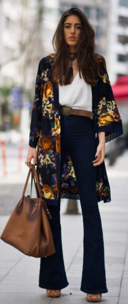 Black floral midi length kimono cardigan with high waisted flared jeans