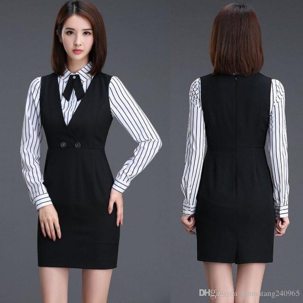 Black waistcoat mini dress with gathered waist and striped button down shirt