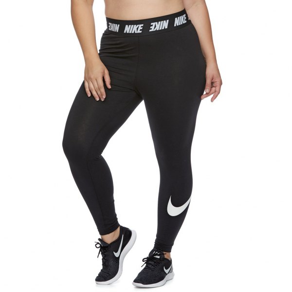 Black high waisted graphic leggings with matching running shoes