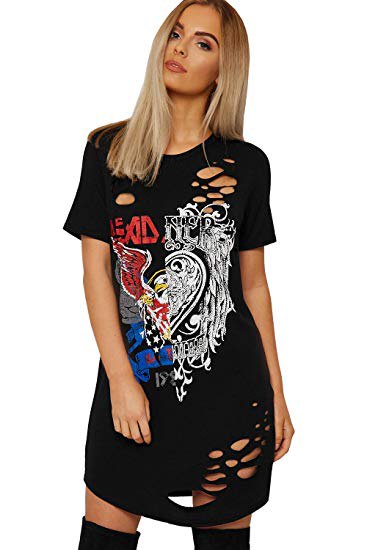 Black graphic ripped t-shirt dress with thigh high boots