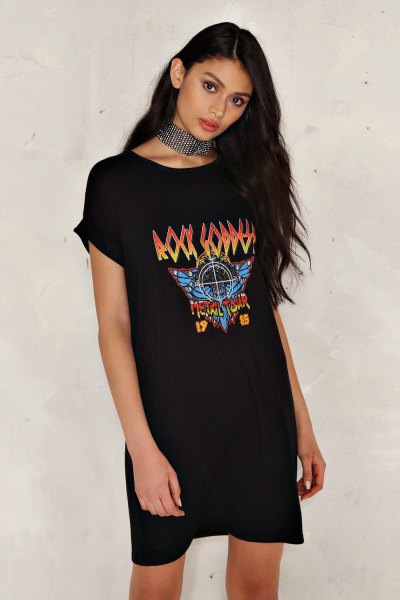 Black Graphic T-Shirt Dress with Silver Sequin Choker