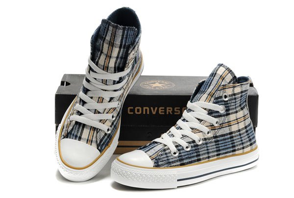 Black, gray and orange checkered canvas high-top sneakers