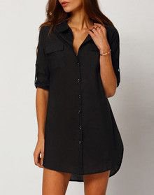 Black shirt dress with half sleeves and buttons
