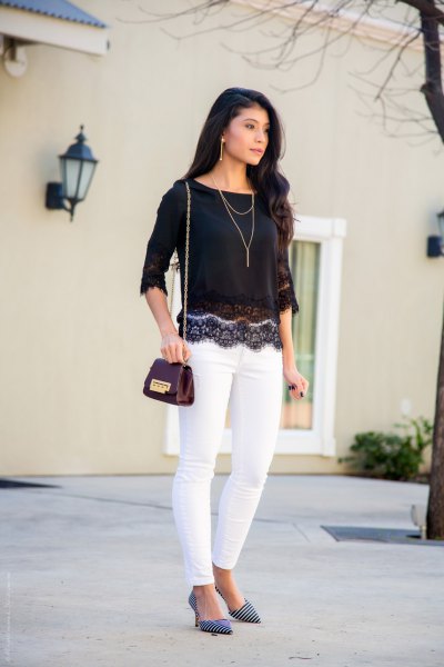 Black scalloped lace half sleeve top with white skinny jeans