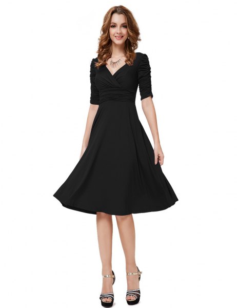Black, knee-length, half-sleeved, V-neck cocktail dress