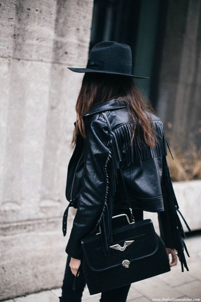 black hat with leather jacket and skinny jeans