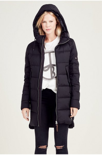 Black hooded down jacket with white graphic sweatshirt