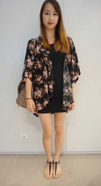 Black kimono sweater with mini sheath dress