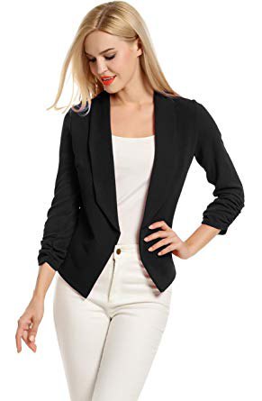 Black knit blazer with white scoop neck top and matching skinny jeans