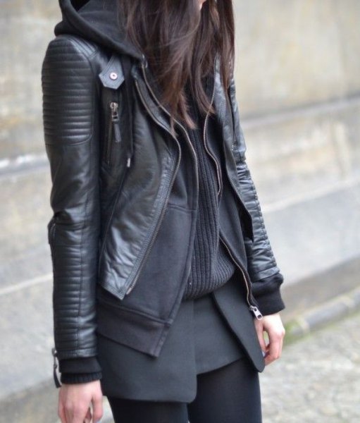 Black leather biker jacket with hooded sweat cardigan